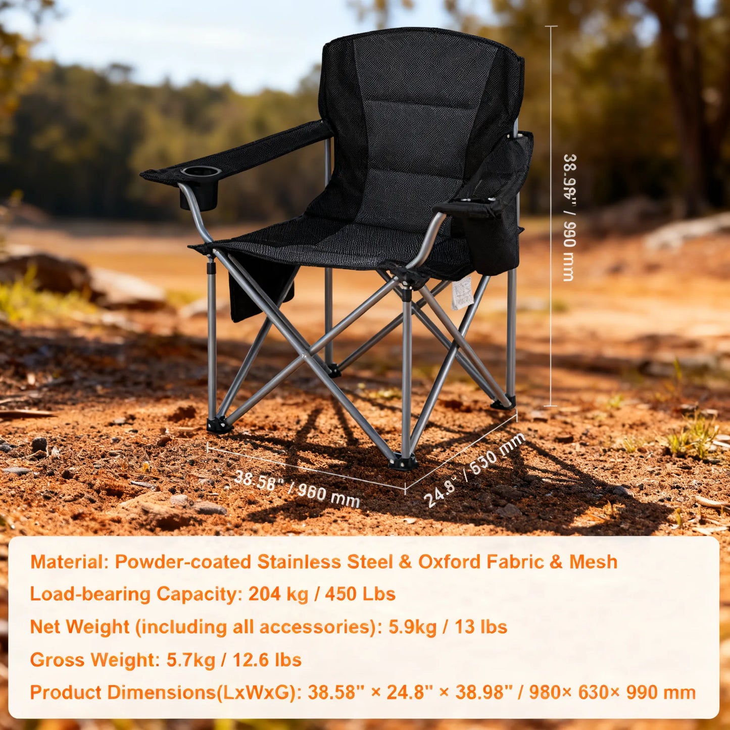 Oversized Heavy-Duty Camping Chair with Lumbar Support, Side Pockets, Cup Holder & Cooler Bag