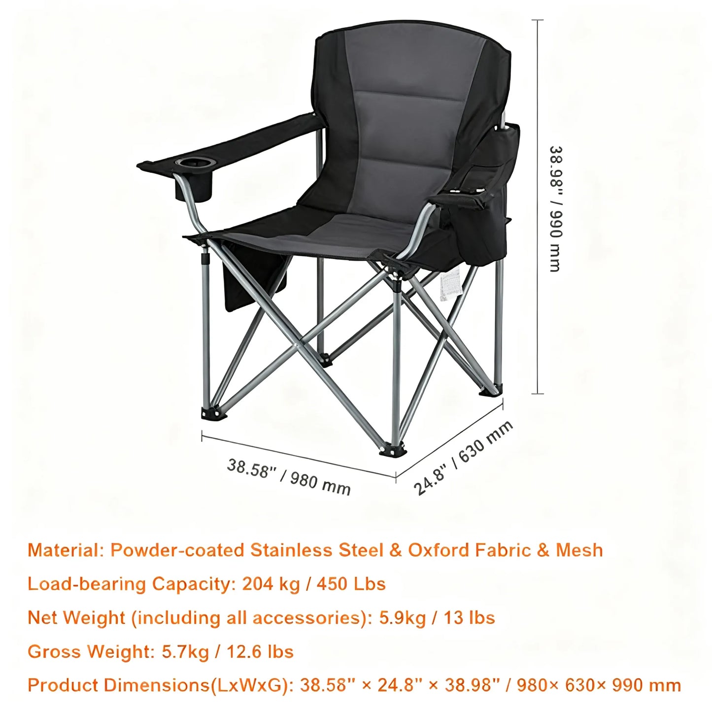 All-in-One Oversized Camping Chair | Padded Quad Lumbar, Side Pockets, Cup Holder & Attached Cooler