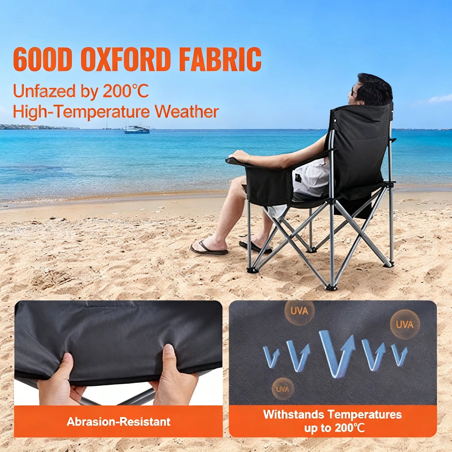 Oversized Heavy-Duty Camping Chair with Lumbar Support, Side Pockets, Cup Holder & Cooler Bag