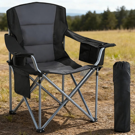 Oversized Heavy-Duty Camping Chair with Lumbar Support, Side Pockets, Cup Holder & Cooler Bag
