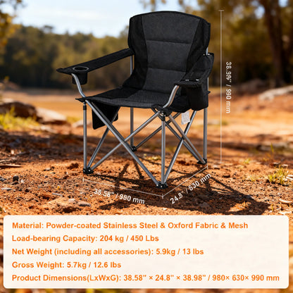 Oversized Heavy-Duty Camping Chair with Lumbar Support, Side Pockets, Cup Holder & Cooler Bag