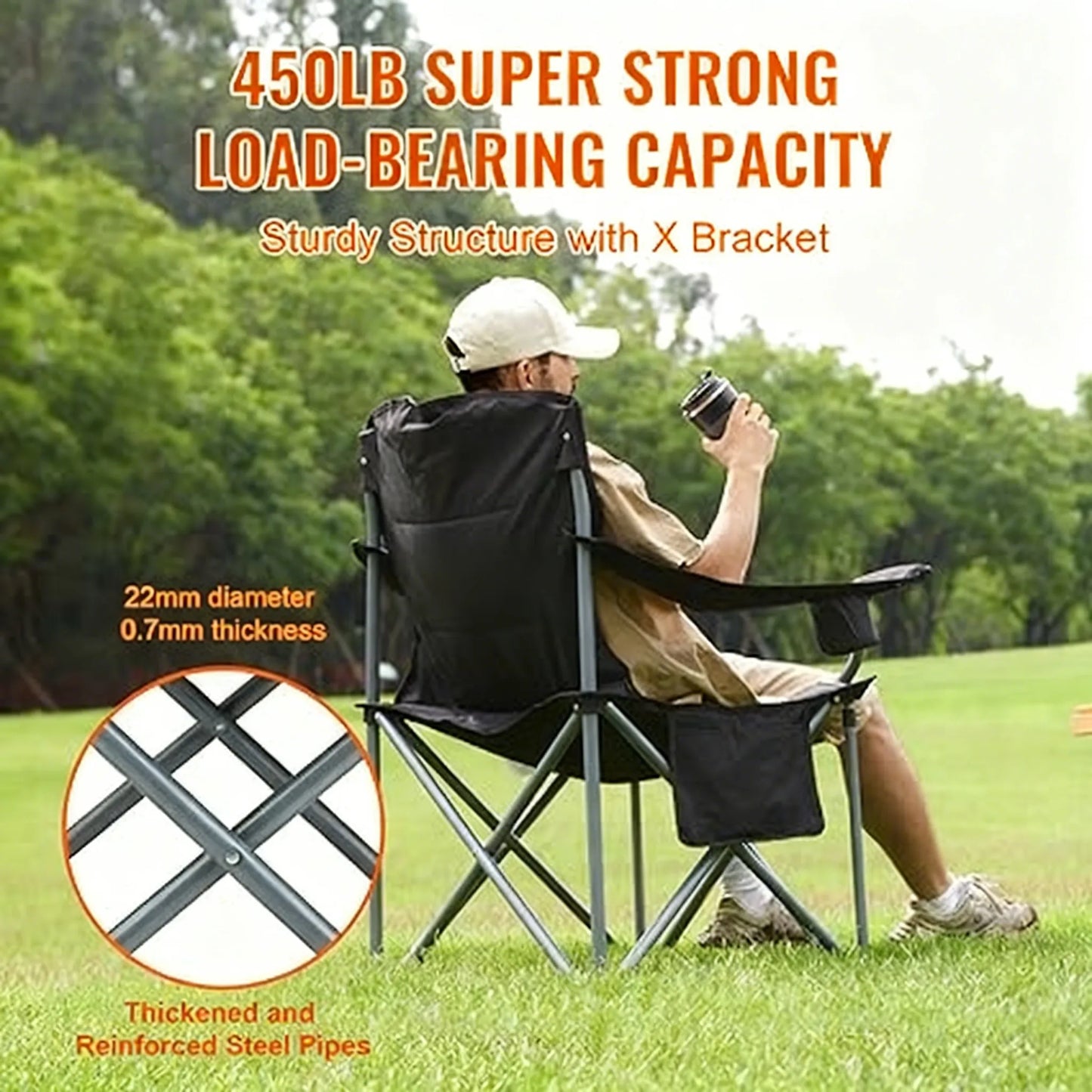 Oversized Heavy-Duty Camping Chair with Lumbar Support, Side Pockets, Cup Holder & Cooler Bag