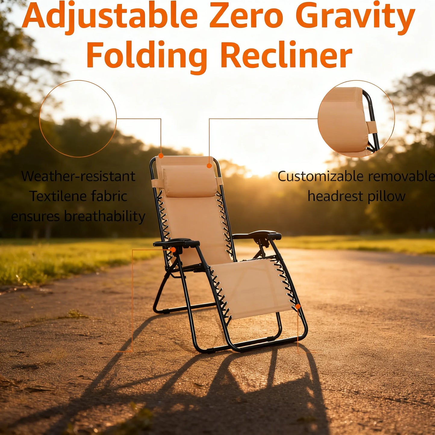 Folding Zero Gravity Chair, Textilene Recliner with Pillow for Outdoor Relaxation, Beige