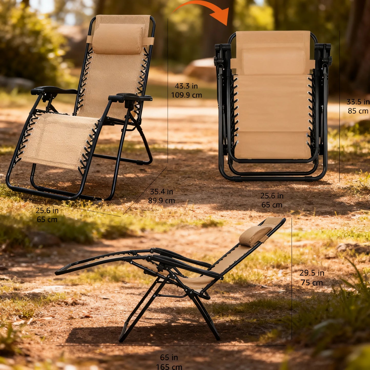 Folding Zero Gravity Chair, Textilene Recliner with Pillow for Outdoor Relaxation, Beige