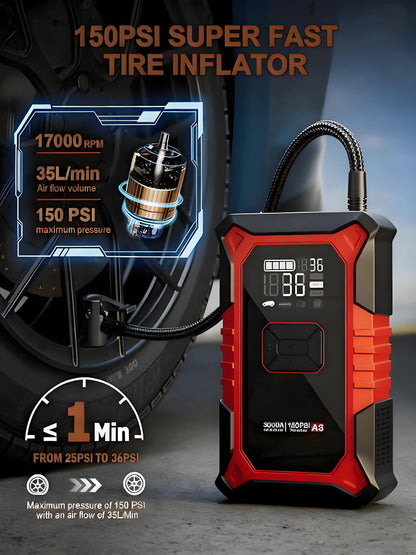 3000A Portable Car Battery Jump Starter (with Air Compressor) - A Multi-Scene Emergency Helper