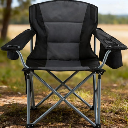 Oversized Heavy-Duty Camping Chair with Lumbar Support, Side Pockets, Cup Holder & Cooler Bag